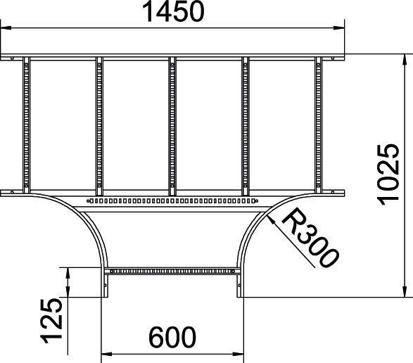 Konstruktionszeichnung: Querschnitt eines Balkens mit Maßen. Breite 1450 mm, Höhe 1025 mm, Kreisausschnitt unten mit Radius 300 mm.