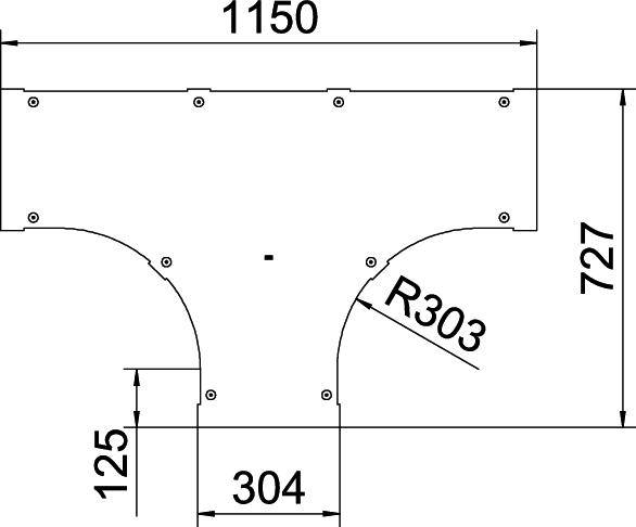 Technische Zeichnung einer T-förmigen Metallplatte mit Maßen: Breite 1150 mm, Höhe 727 mm, Rundungen Radius 303 mm, Ausschnitt 304 mm breit.