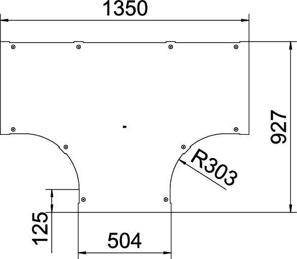 Technische Zeichnung eines Bauteils mit Bemaßungen: Breite 1350 mm, Höhe 927 mm, Rundungen mit Radius 303 mm, zentrale Öffnung 504 mm.
