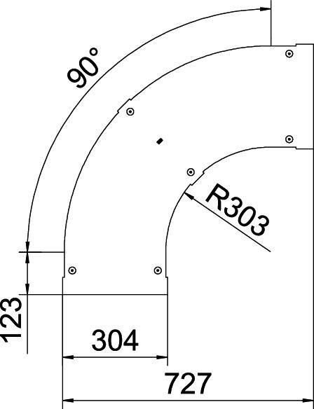 Diagramm eines 90-Grad-Winkelstücks mit Maßen: Breite 123, horizontale Länge 304, Gesamtlänge 727, Radius 303.