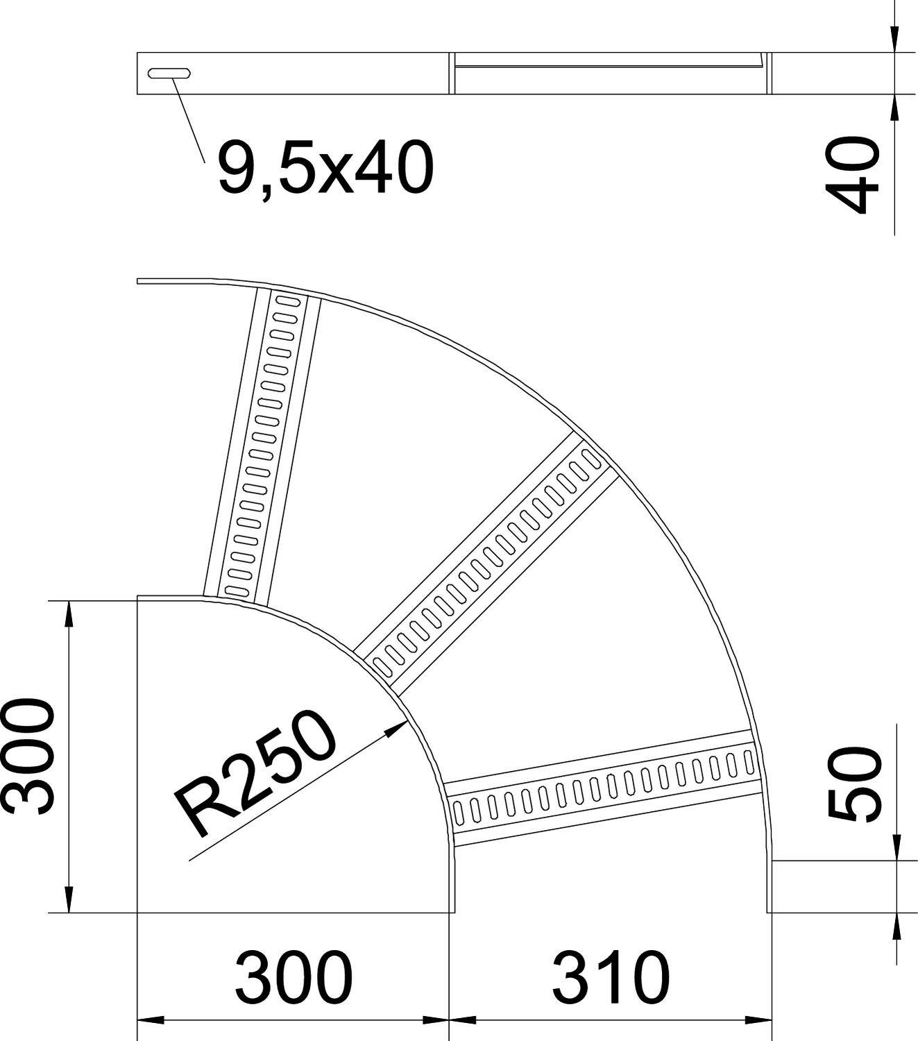 Architektonische Zeichnung eines Wandprofils mit Maßen: Radius R250, 300 mm Höhe, 310 mm Breite, 50 mm Basis. Oben 9,5x40 mm.