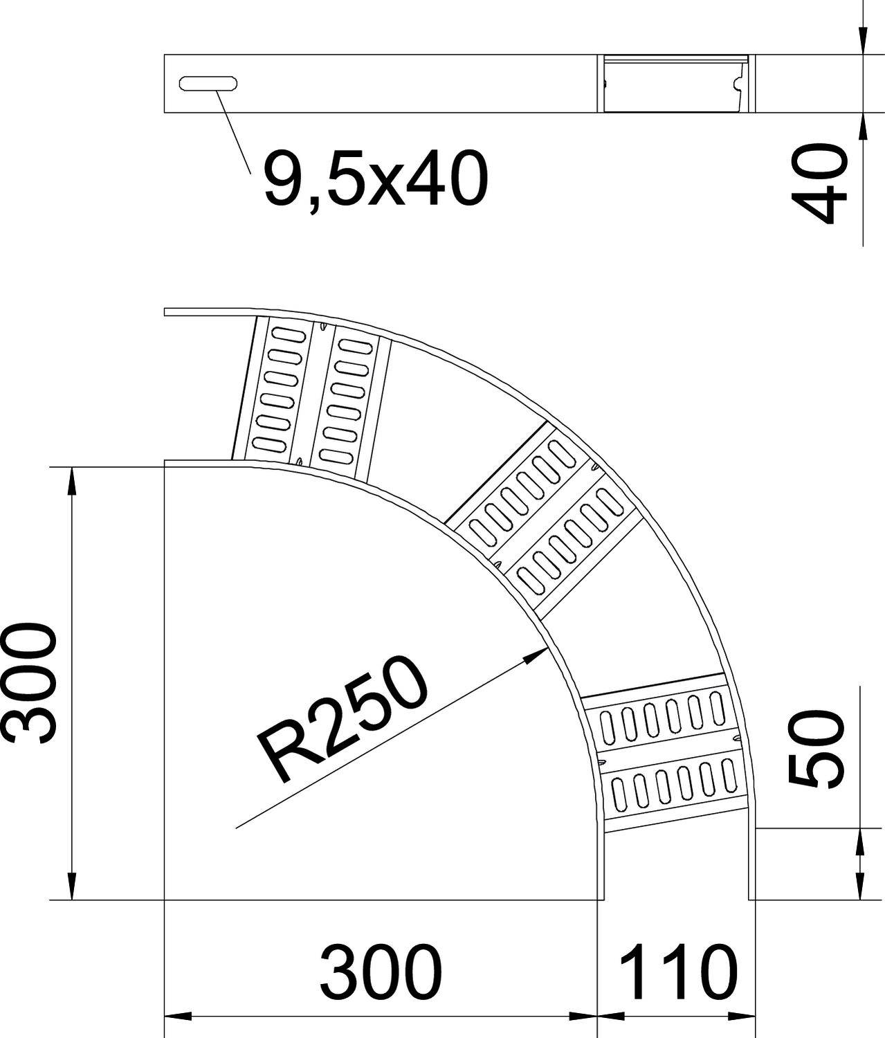 'Technische Zeichnung eines gebogenen Metallprofils mit Maßen: Radius R250, Breite 50, Höhe 300, Länge 300 und 110. Detailmaß 9,5x40.'