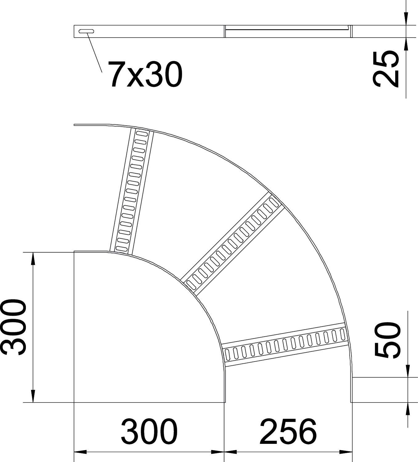 Technische Zeichnung eines gebogenen Treppenelements mit Maßen 300x300x256mm. Zeigt Details der Konstruktion und Materialstärke.