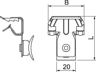 Technische Zeichnung eines Clip-Systems mit Maßen: 20 mm Breite 'B'. Zeigt seitliche und frontale Ansicht des Befestigungsmechanismus.