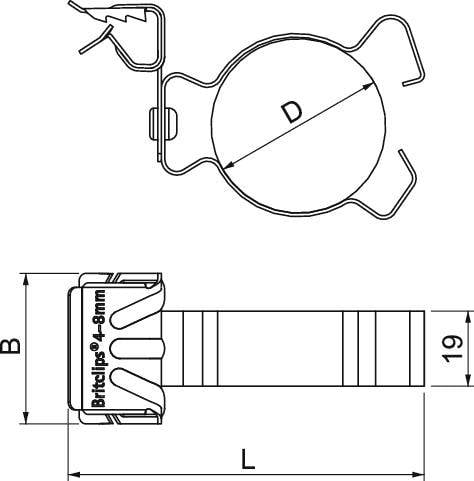 Technische Zeichnung einer Kabelklemme mit Maßen B, L, D. Markierung 'Britclips 4–8mm' zeigt die Kabeldurchmesser-Kompatibilität.