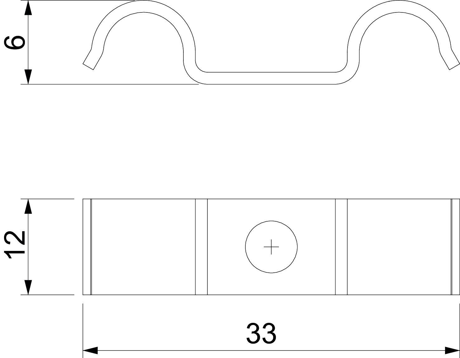 Technische Zeichnung einer Halterung, Seitenansicht zeigt Maße: 6 mm Höhe, 12 mm Breite, 33 mm Länge. Mittig eine Bohrung.