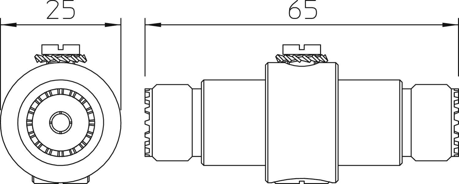 Lineare technische Zeichnung eines zylindrischen Bauteils mit Maßen: Länge 65 mm, Durchmesser 25 mm. Detaillierte Ansicht zeigt Verzahnungen und Befestigungselemente.