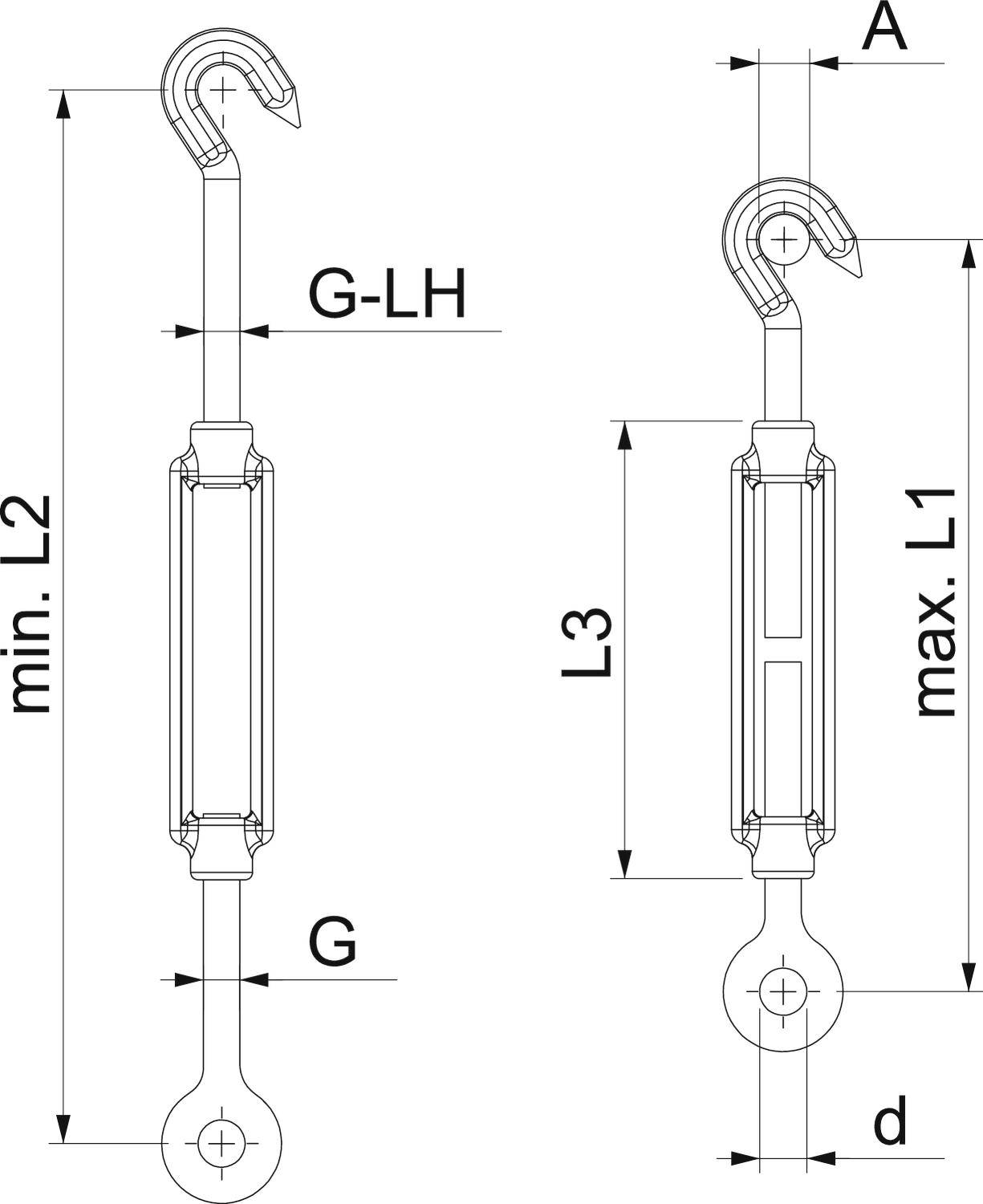Technische Zeichnung eines Spannschlosses mit Maßen: A, d, G-LH, G angegeben. Zeigt die min. und max. Länge, sowie Form und Anschlüsse.