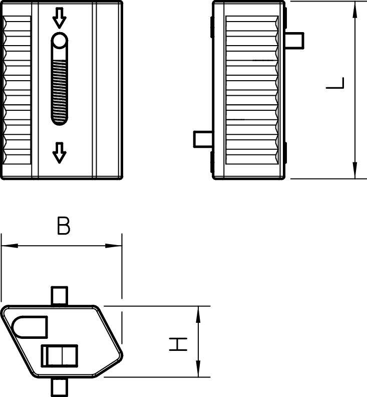 Technische Zeichnung eines rechteckigen Bauteils mit Maßen L, B und H. Details wie Pfeile und Symbole sind auf der Frontansicht sichtbar.
