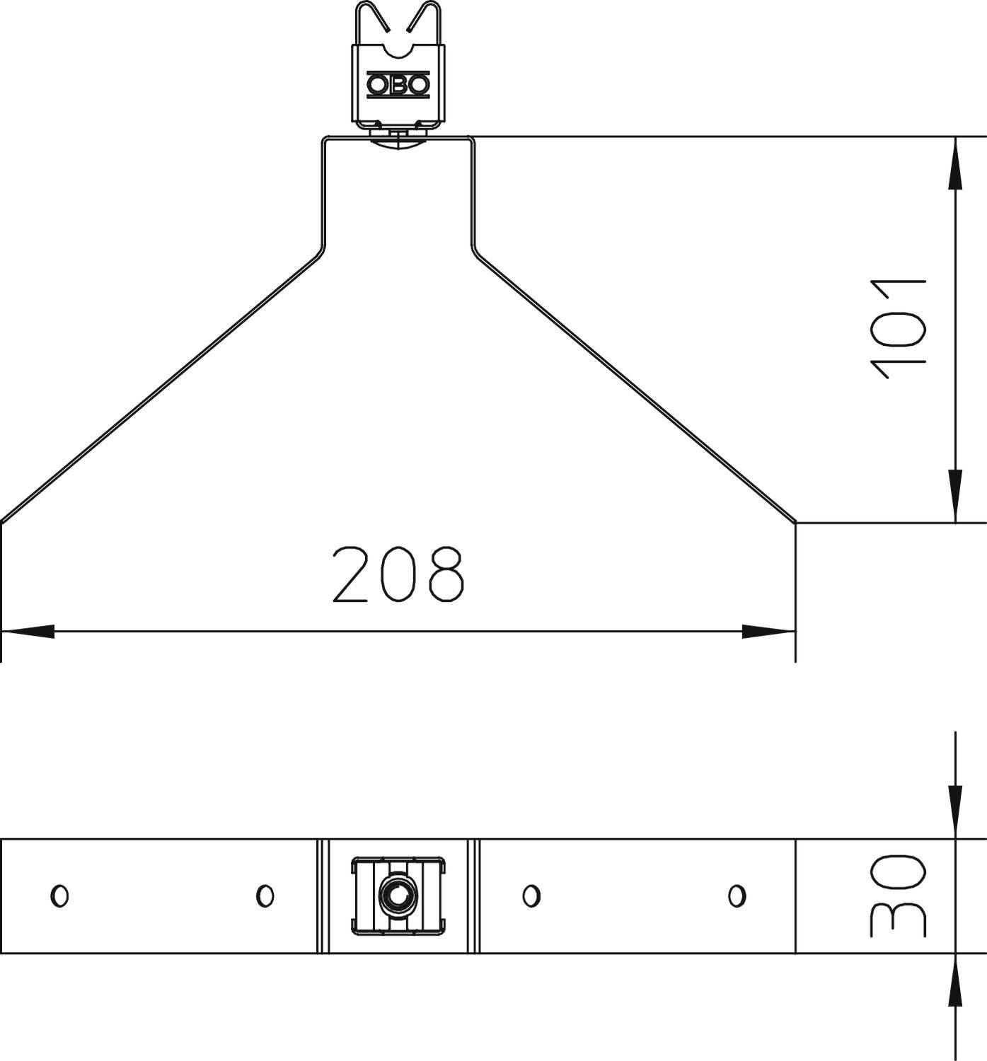 Technische Zeichnung eines Trichters mit Maßen: Breite 208 mm, Höhe 101 mm, Tiefe 30 mm. Zeigt Befestigungspunkt oben.