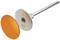 Metallgerät mit langem Stiel und runder orangefarbener Scheibe, möglicherweise ein Werkzeug oder Instrument.