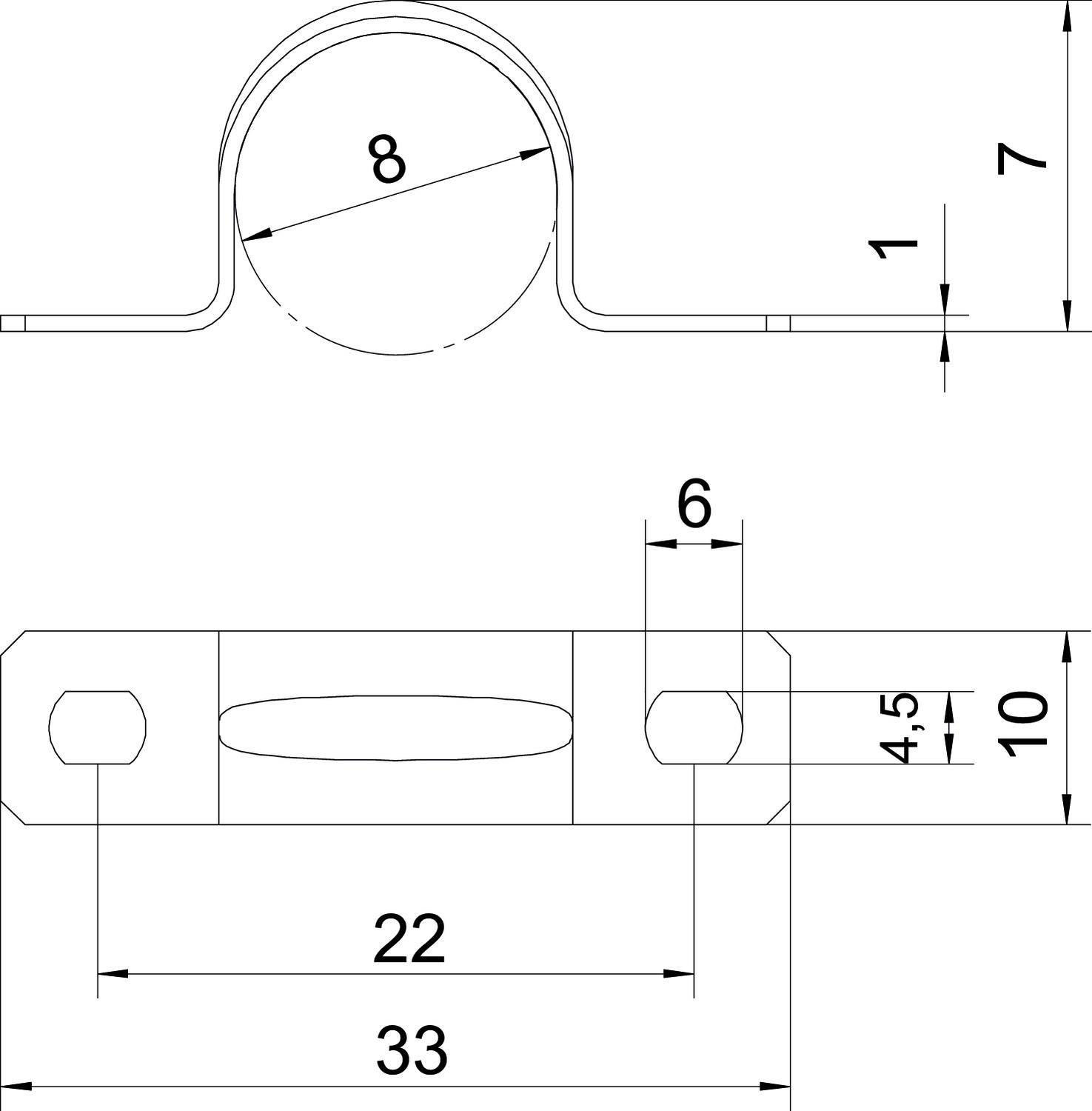 Technische Zeichnung eines Metallhalters mit Bemaßungen. Hauptmaße: Höhe 7 mm, Breite 33 mm, Durchmesser der Rundung 8 mm.