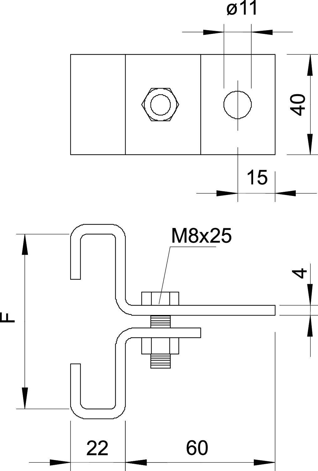 Technische Zeichnung eines Montagehalters mit Maßen: Länge 60 mm, Breite 40 mm, Bohrung Ø11 mm. Seitenansicht zeigt Schraube M8x25.