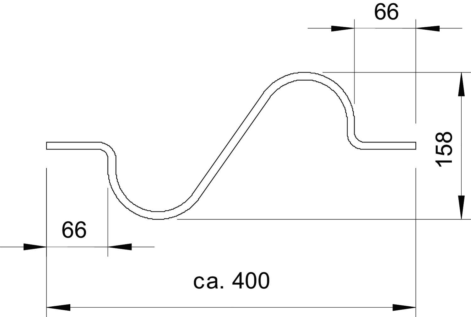 Linienzeichnung eines wellenförmigen Metallprofils mit Maßen: Breite 66, Höhe 158 und Länge ca. 400 Einheiten.