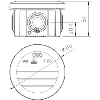 Technische Zeichnung eines IP65-Gehäuses, Maße 80 mm Durchmesser, 51 mm Höhe. Markierung: OBO, T 25, VDE-Zeichen.