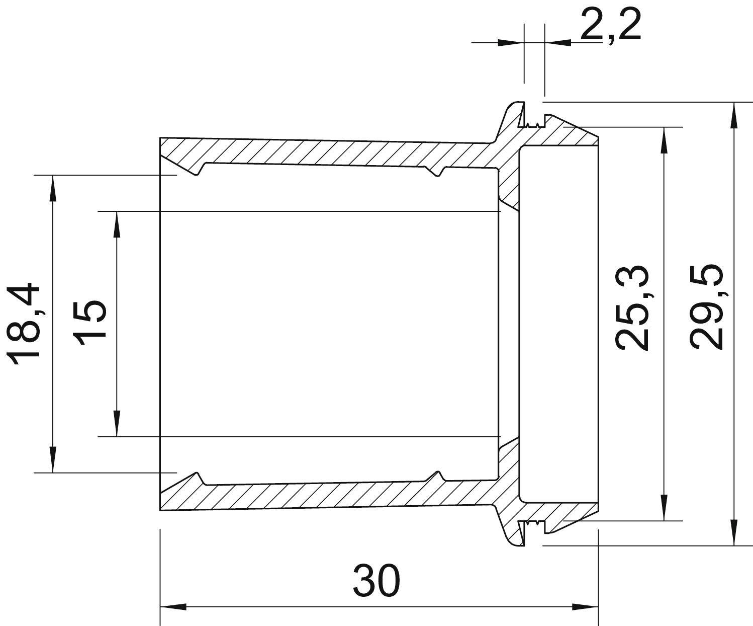 Technische Zeichnung eines zylindrischen Bauteils im Querschnitt mit Maßangaben. Hauptmaße: 18,4 mm Höhe, 30 mm Länge.