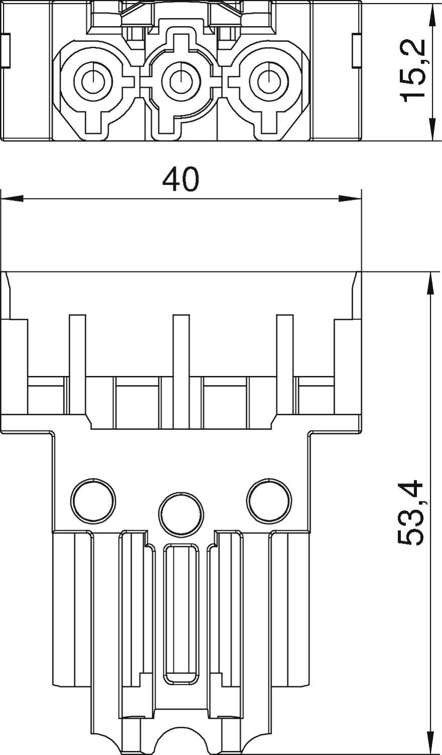 Technische Zeichnung eines Steckverbinders mit Maßen: Breite 40 mm, Höhe 53,4 mm, obere Breite 15,2 mm. Zeigt Ansicht und Details.