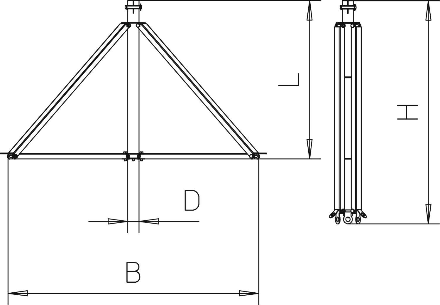 Technische Zeichnung eines dreieckigen Rahmens mit Abmessungen: Breite 'B', Höhe 'H', Länge 'L', Durchmesser 'D'. Zeigt Strukturdetails.