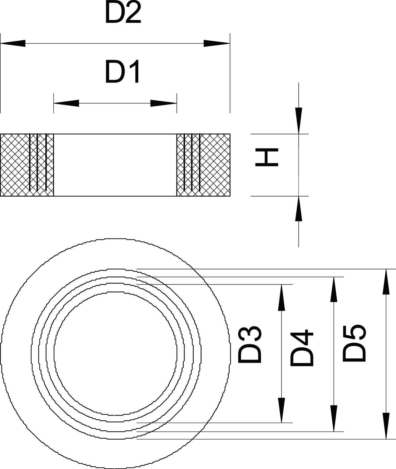 Technische Zeichnung, Querschnittansicht eines zylindrischen Teils. Maße D1 bis D5 und H angegeben. Gewinde an einem Ende.