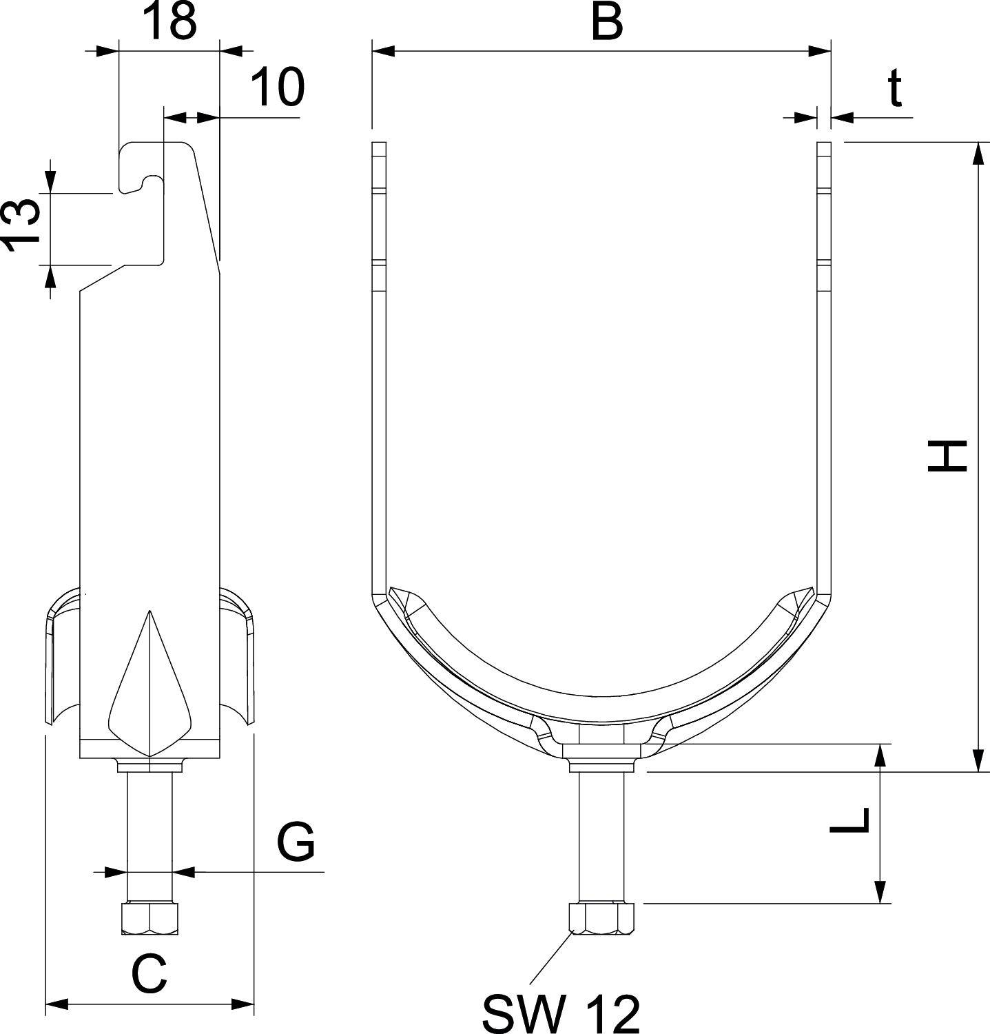 Technische Zeichnung einer Halterung mit Maßen: Höhe (H), Breite (B), Dicke (t), und Gewindegröße (SW 12).