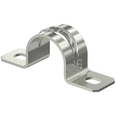 Metallrohrschelle aus Edelstahl mit der Zahl '16' geprägt, zeigt zwei montierbare Seiten mit Schraubenlöchern zur Befestigung.