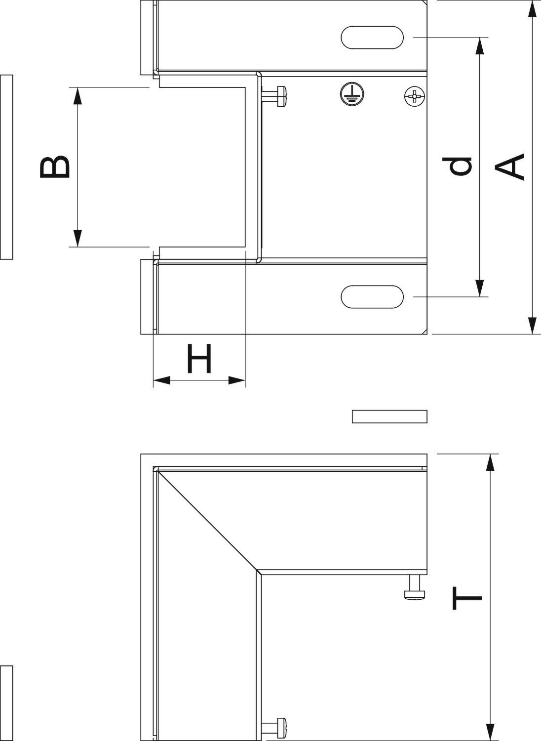 Technische Zeichnung eines Bauteils mit den Maßen B, d, A, H, T auf Vorder- und Seitenansicht. Beinhaltet rechteckige und L-förmige Strukturen.