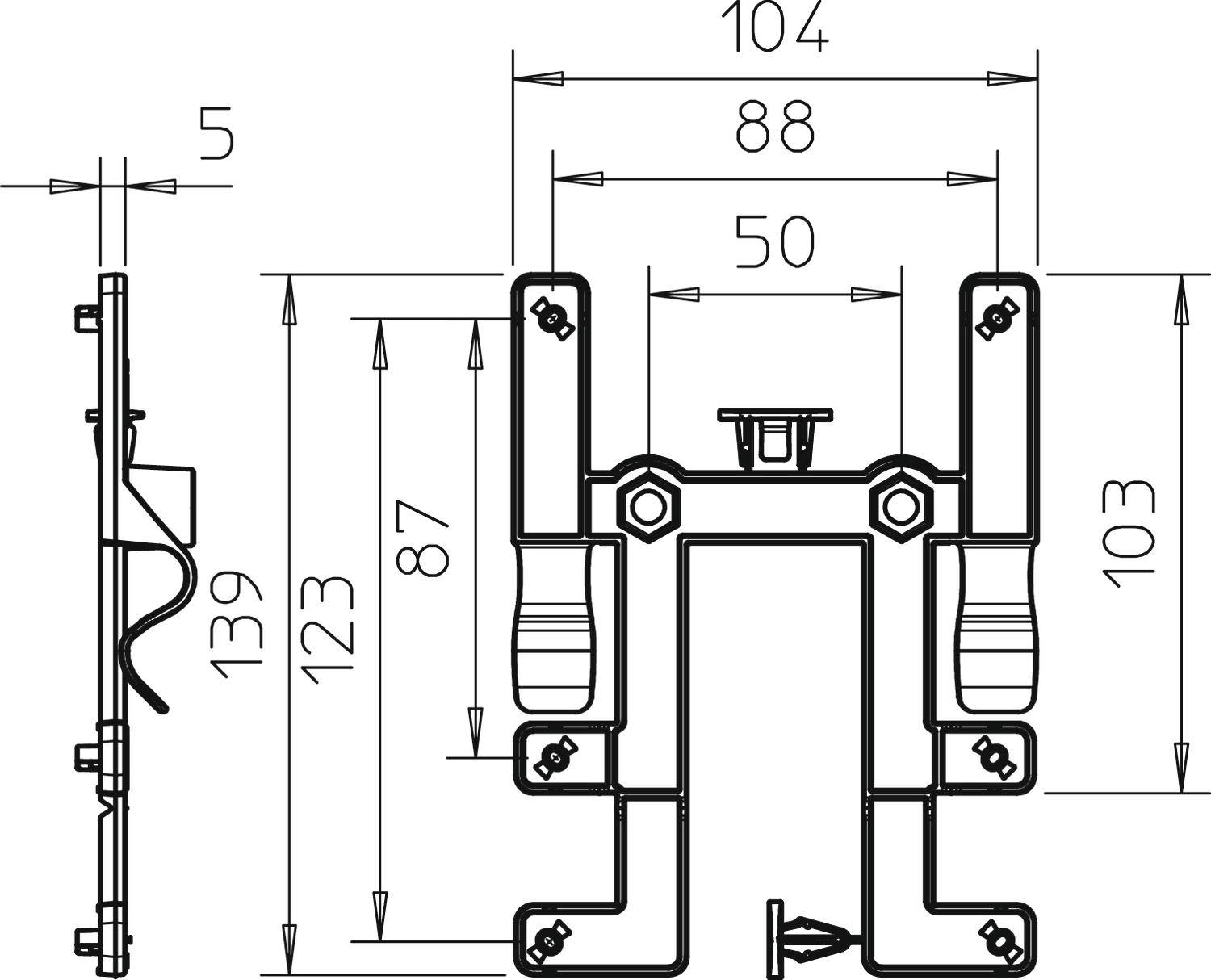 Technische Zeichnung eines Profils mit Maßen: Breite 104 mm, Höhe 139 mm. Details der Verbindungen und Abstandshalter sind zu sehen.