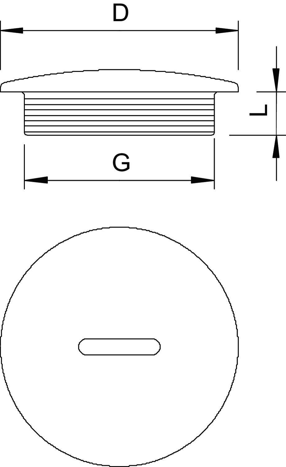Technische Zeichnung eines Rohrstopfens mit Schlitzschraubenkopf. Hauptmaße D, G und L sind angegeben. Draufsicht und Seitenansicht.