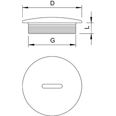 Technische Zeichnung eines Rohrstopfens mit Schlitzschraubenkopf. Hauptmaße D, G und L sind angegeben. Draufsicht und Seitenansicht.