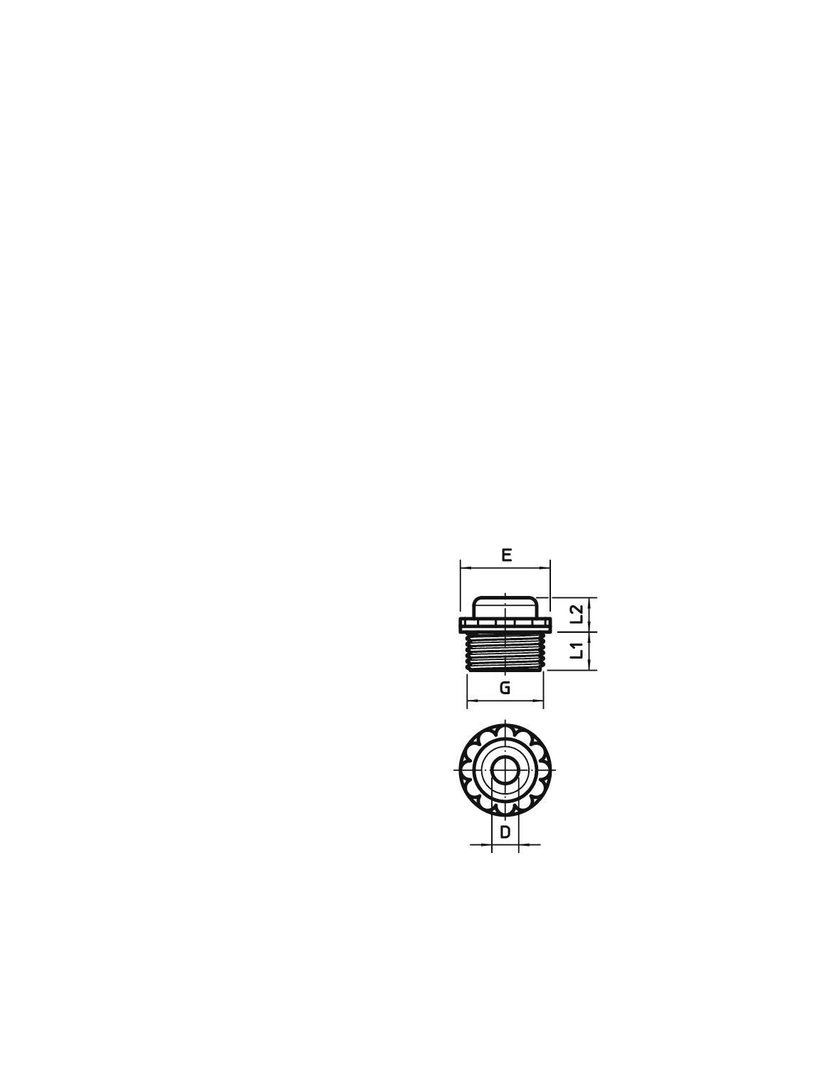 Technische Zeichnung eines runden Bauteils mit Gewinde, seitliche und obere Ansichten mit Bemaßungen.