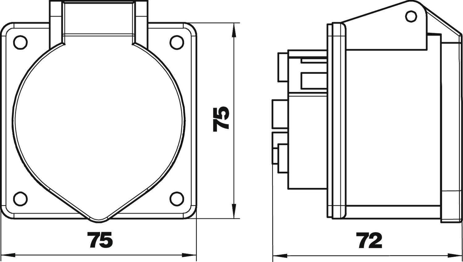 Technische Zeichnung von zwei Ansichten eines quadratischen Objekts mit abgerundeten Ecken. Vorderseite und Seitenansicht mit Maßen 75 und 72 mm.