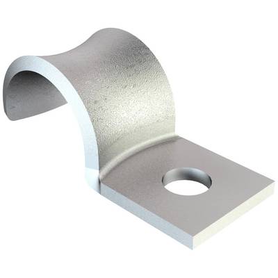 Ein graues Metallrohrschelle mit einem Befestigungsloch. Verwendet zum Fixieren von Rohren auf einer Oberfläche.