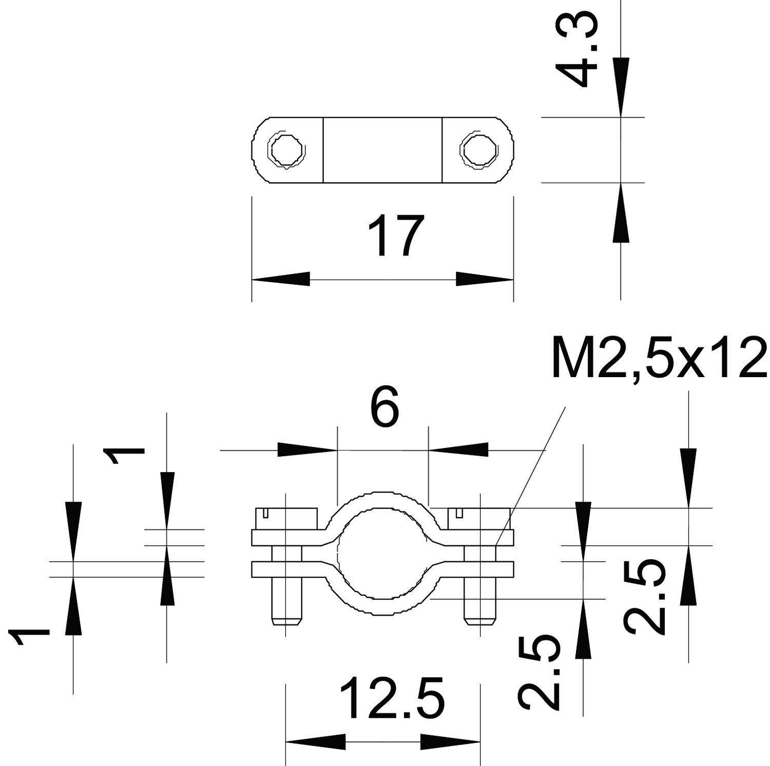 Technische Zeichnung einer Rohrschelle in Vorder- und Seitenansicht mit Bemaßungen: 17 mm Breite, 12,5 mm Höhe, M2,5x12 Schrauben.