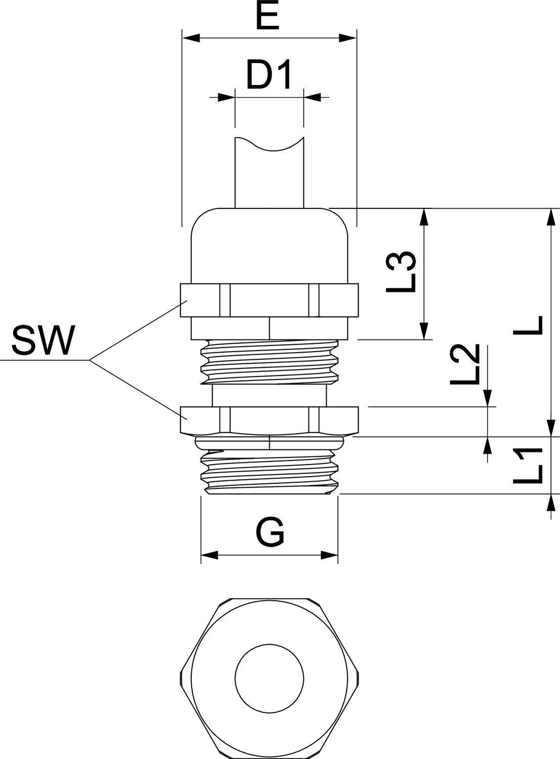 Technische Zeichnung eines elektrischen Steckverbinders mit Abmessungen. Beschriftungen: E, D1, SW, G, L1, L2, L3. Seiten- und Draufsicht.