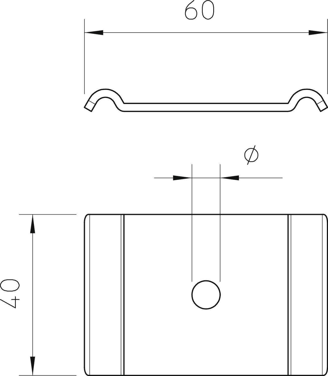 Technische Zeichnung eines rechteckigen Metallprofils mit einem Durchmesserloch in der Mitte. Maße: Breite 60, Höhe 40.
