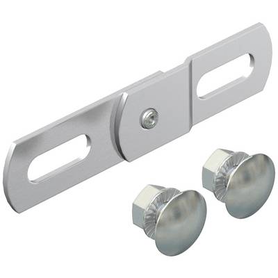 Ein silberfarbenes Befestigungsset mit einer Metallschiene und zwei abgerundeten Schraubenmuttern. Geeignet für Regalmontage.