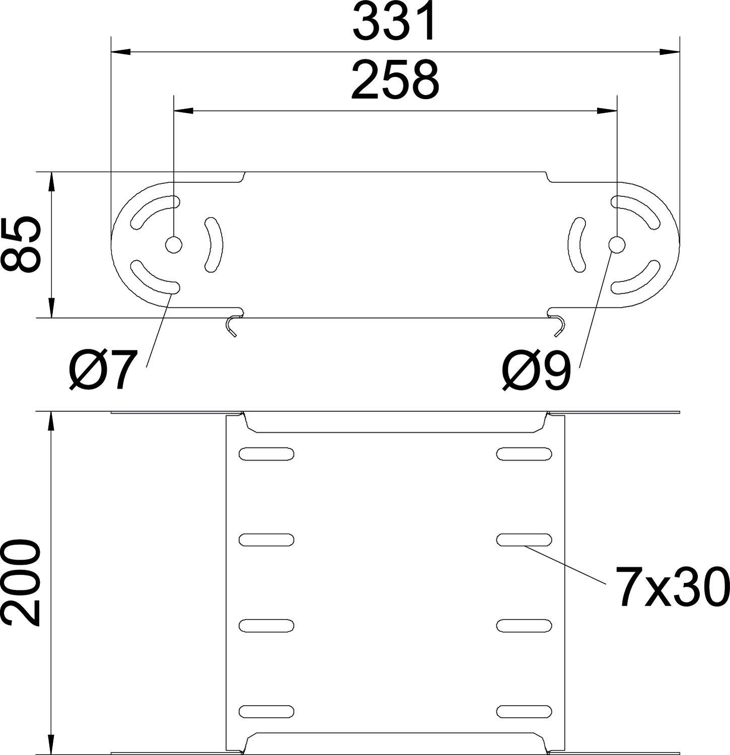 Technische Zeichnung einer Metallhalterung mit genauen Abmessungen: Breite 331 mm, Höhe 200 mm. Bohrungen: Ø7 mm, Ø9 mm, und 7x30 mm Langlöcher.