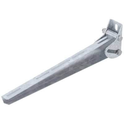 Ein grauer, metallischer Regalträger mit schräger Strebe und Befestigungslöchern, geeignet für die stabile Wandmontage von Regalen.