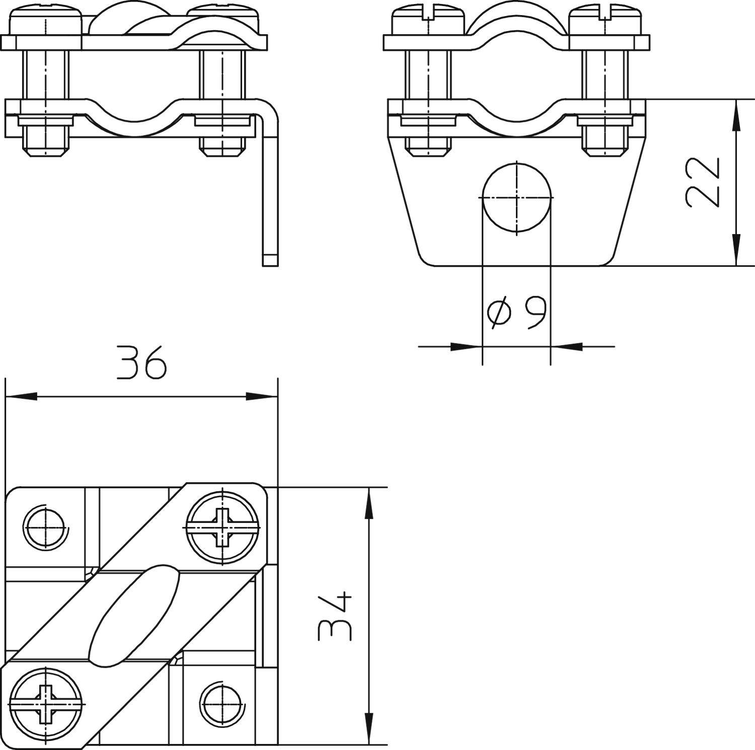 Technische Zeichnung einer Metallklemme mit Abmessungen: Breite 36 mm, Höhe 34 mm, und Bohrung mit Durchmesser 9 mm.