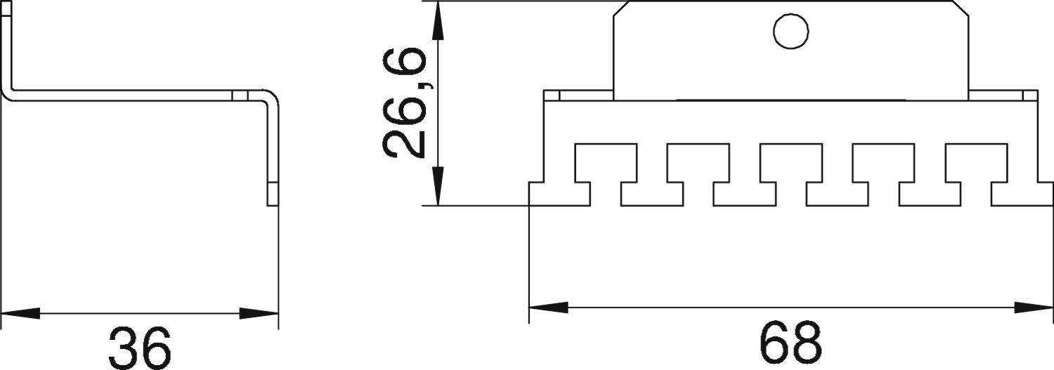 Technische Zeichnung eines Bauteils mit zwei Ansichten. Die Maße sind 36 mm Breite und 68 mm Länge, Höhe 26,6 mm.