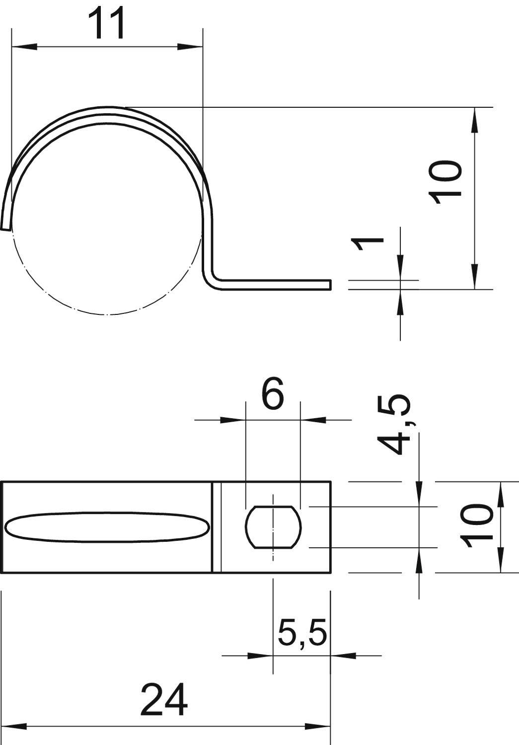 Technische Zeichnung eines Clips mit Maßen: 11x10x1 mm oben, 24x6 mm unten. Zeigt Form und Befestigungspositionen.