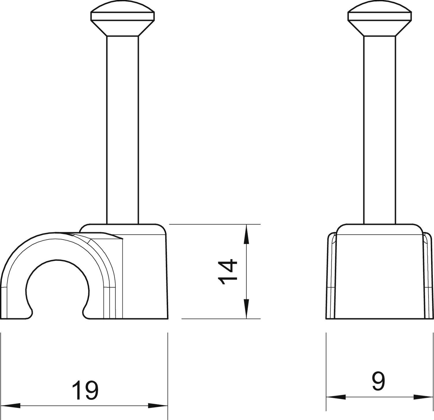 Technische Zeichnung eines U-förmigen Kabelclips. Maße: Breite 19 mm, Höhe 14 mm, andere Seite 9 mm breit.