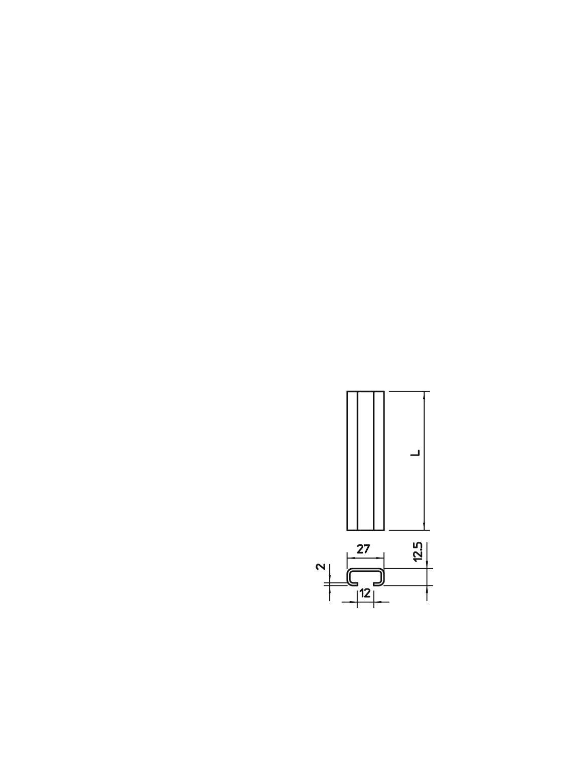 Technische Zeichnung eines L-förmigen Profils mit Bemaßungen. Breite 27 mm, Länge variabel (L), Höhe 12,5 mm, Dicke 2 mm.