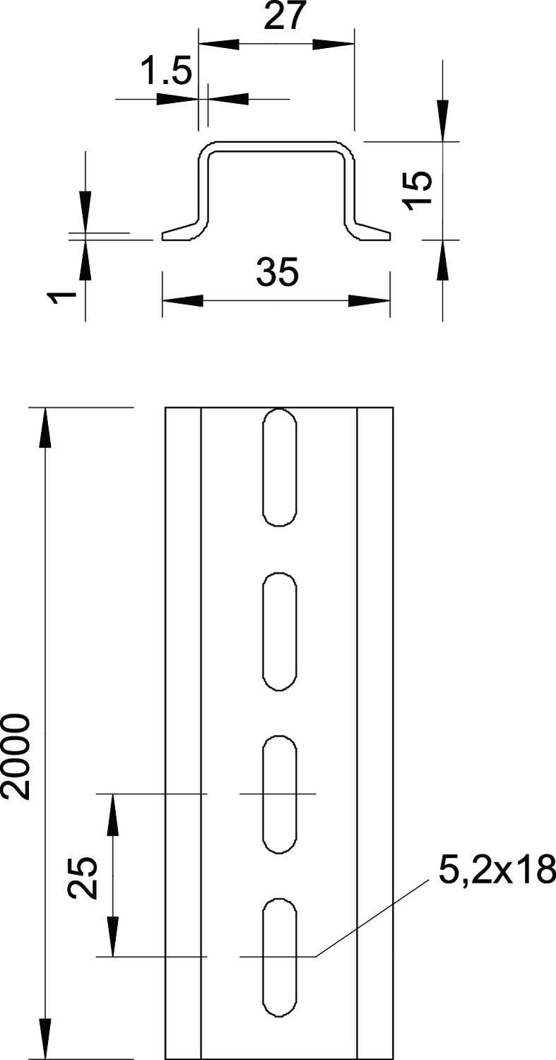 Technische Zeichnung eines Metallprofils mit Detailmaßen: 2000 mm Länge, 35 mm Breite, 15 mm Höhe, Löcher von 5,2 x 18 mm.