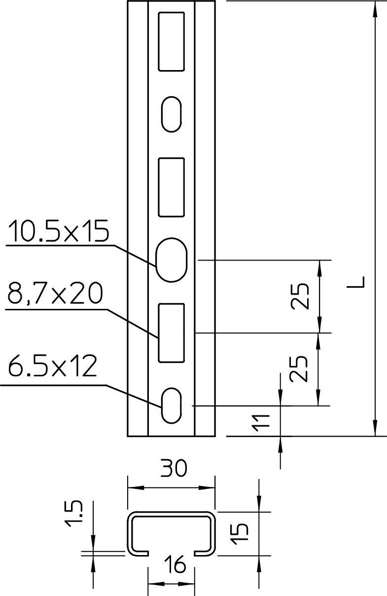 Technische Zeichnung eines rechteckigen Metallprofils mit Innenmaßen 16x15 mm. Markierungen zeigen Lochabstände und Maße.