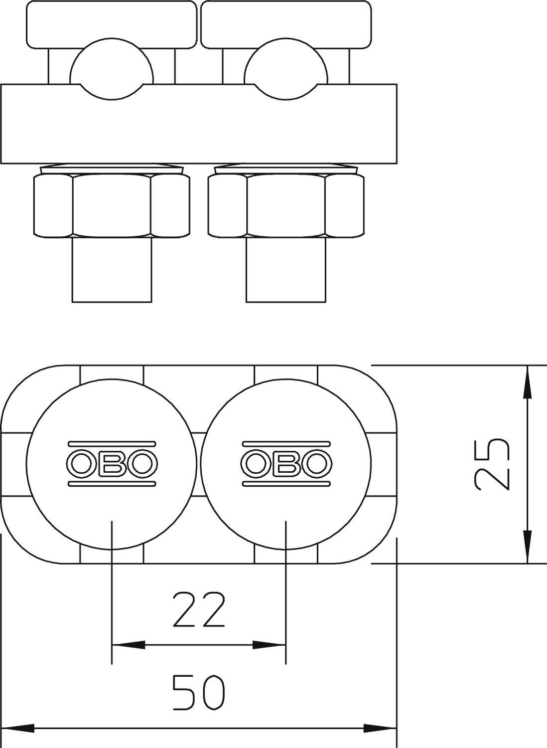 Technische Zeichnung mit zwei parallelen runden Objekten, jeweils beschriftet mit 'OBO'. Maße: Breite 50 mm, Höhe 25 mm.