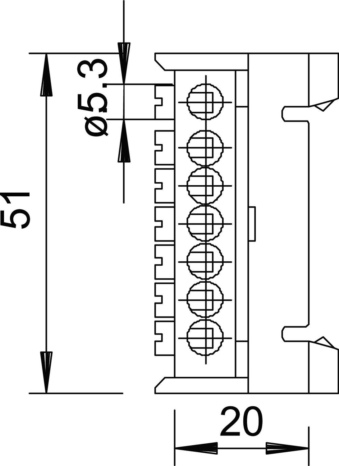 Technische Zeichnung eines rechteckigen Steckverbinders mit acht Kontaktpunkten. Abmessungen: 51 mm Höhe, 20 mm Breite, Bohrungsdurchmesser 5,3 mm.