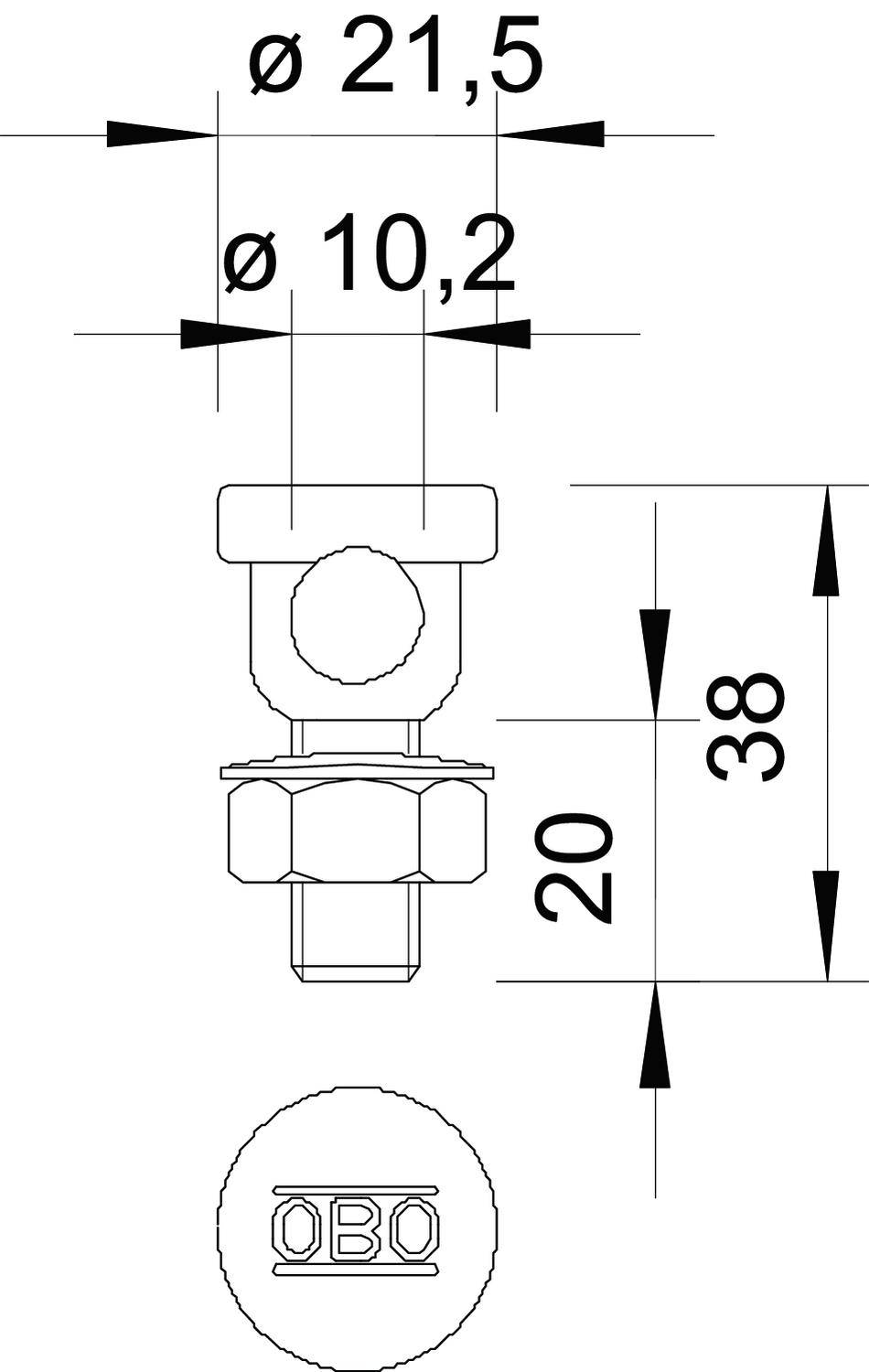 Technische Zeichnung einer Schraube mit Abmessungen: Durchmesser 21,5 mm und 10,2 mm, Gesamtlänge 38 mm. Oben 'OBO'-Logo.