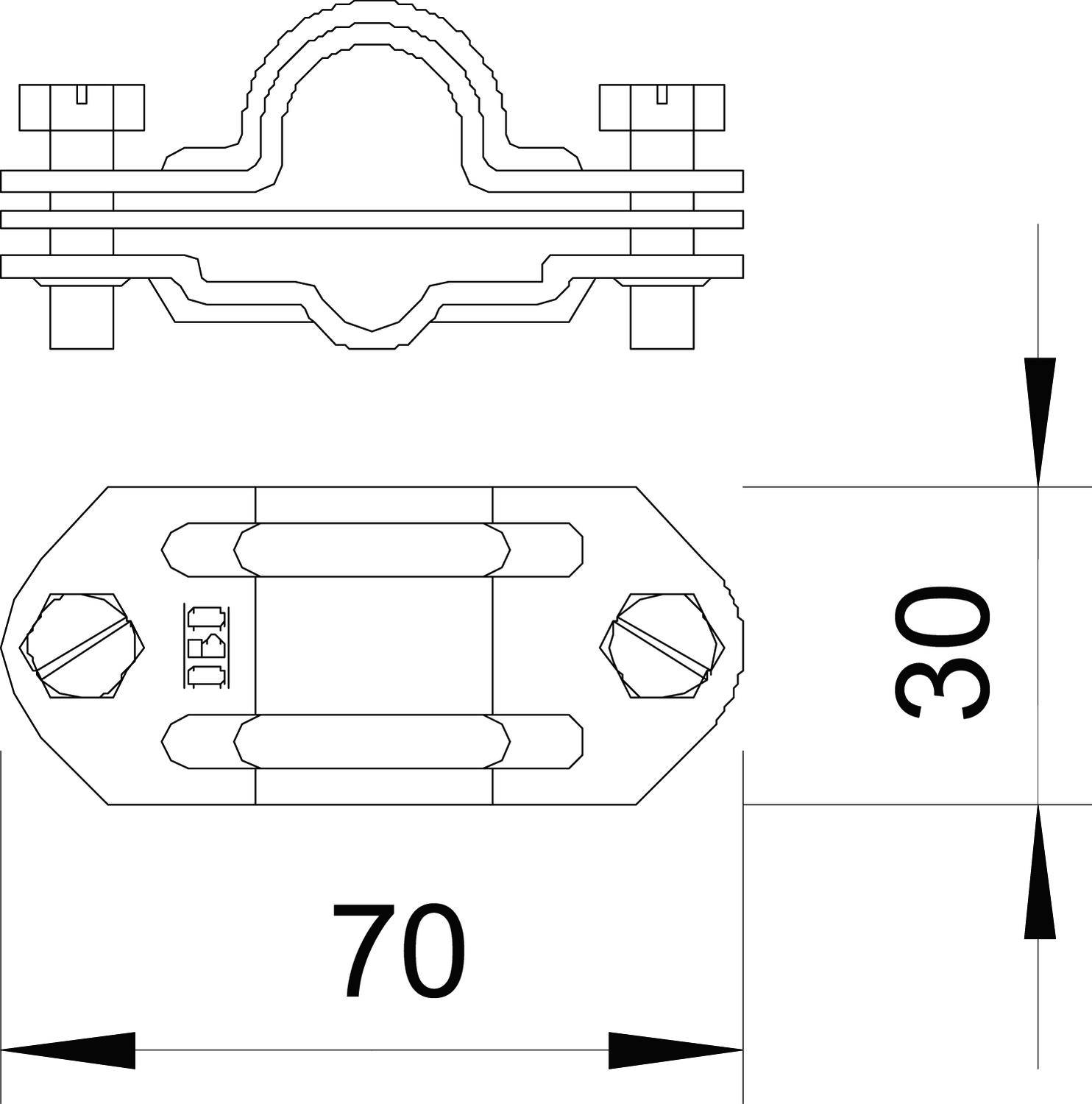Technische Zeichnung eines Metallkabelklemmbügels, Draufsicht und Seitenansicht, mit den Maßen 70 mm und 30 mm markiert.