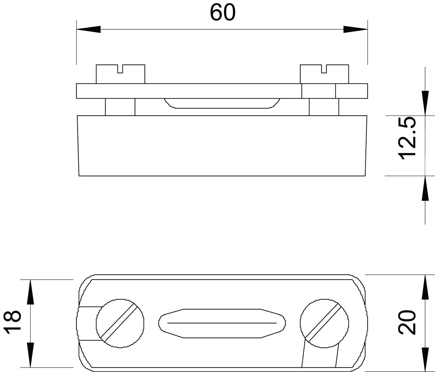 Technische Zeichnung eines rechteckigen Bauteils; Maße: Länge 60 mm, Höhe 20 mm, Breite 18 mm, Detailansicht der Befestigung.